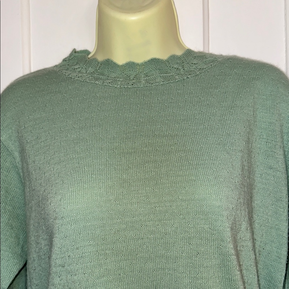 Vtg 80s Haband Sage/Mint Green Sweater with Crochet Knit Neck & Sleeve Hem